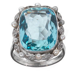 Aquamarine Pearl Diamond Gold Ring