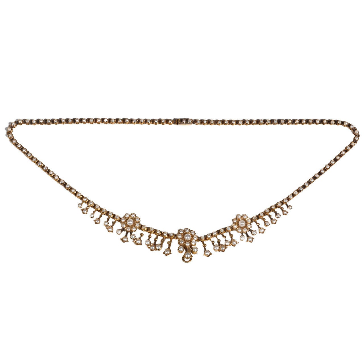 Victorian Pearl Gold Flower Fringe Necklace