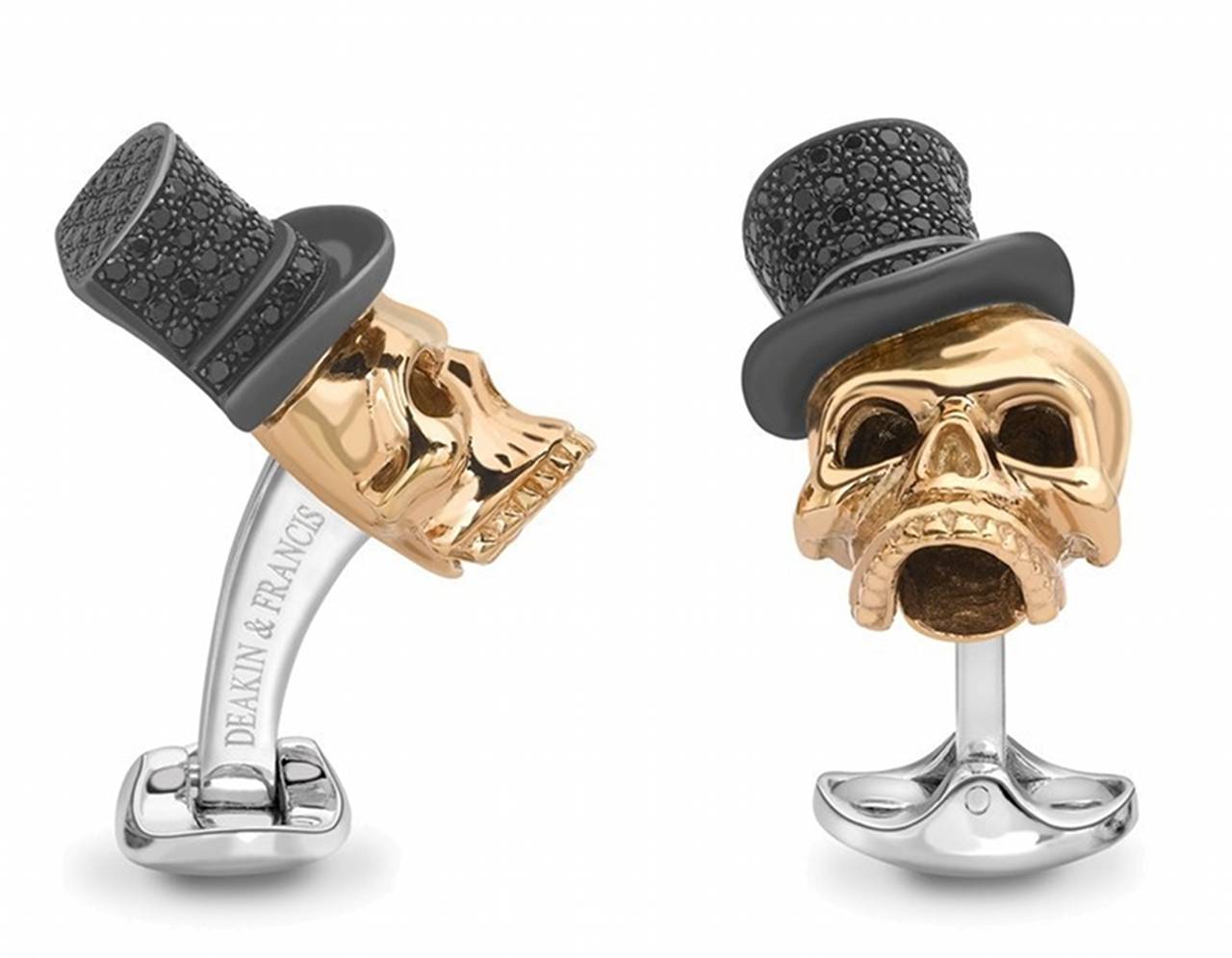 The Deakin & Francis hallmark skull design has been a part of the collection for generations. These rose gold statement skulls feature a top hat set with semi-precious black spinel.