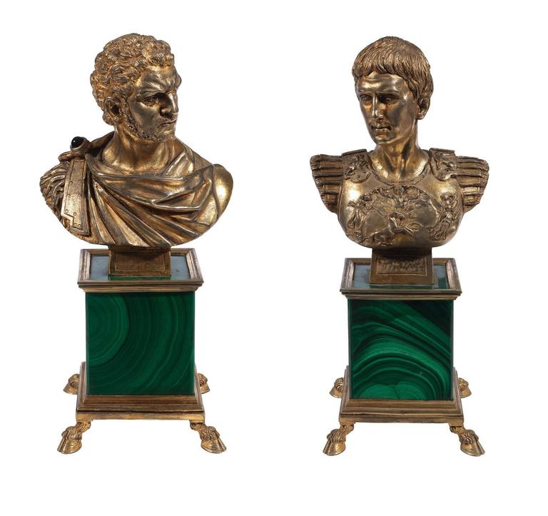 Pair of Antique Silver Gilt Malachite Roman Emperors Busts For Sale