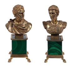Pair of Antique Silver GIlt Malachite Roman Emperors Busts 2