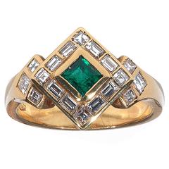 Geometric Emerald Diamond Gold Ring