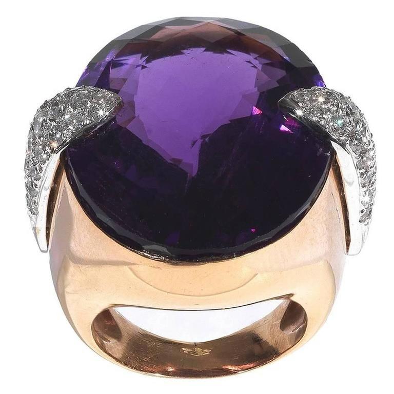 Amethyst Diamond Gold Dome Ring For Sale