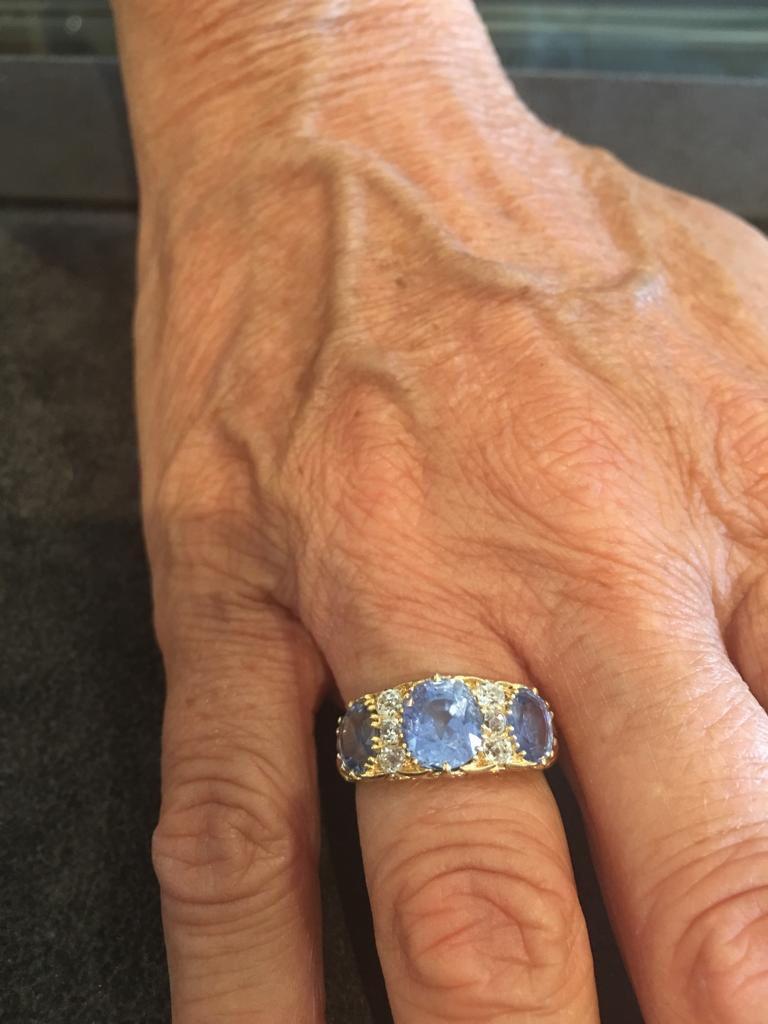 Women's or Men's Sapphire Three-Stone and Diamond Ring