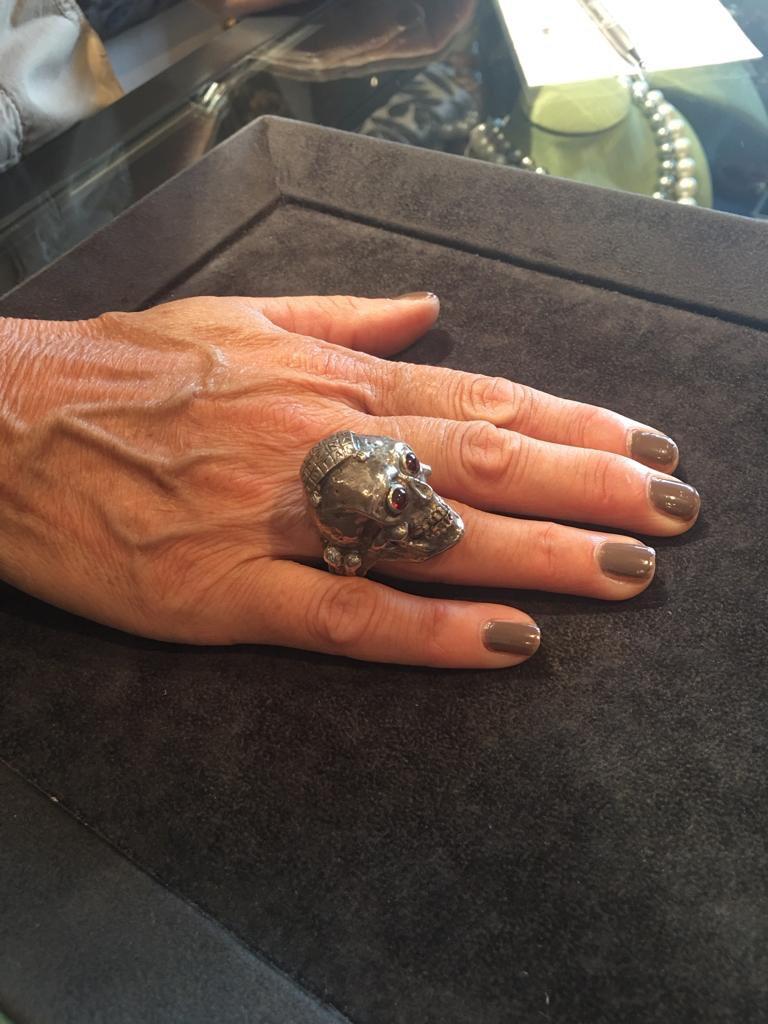 Bernardo Silver and Garnet Large Skull Ring with Sator Square In New Condition In Firenze, IT