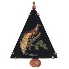 19th Century Italian Fire Opal Gold Micromosaic Bird Pendant