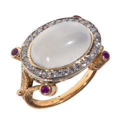 A Moonstone, Ruby and Diamond Gold ring