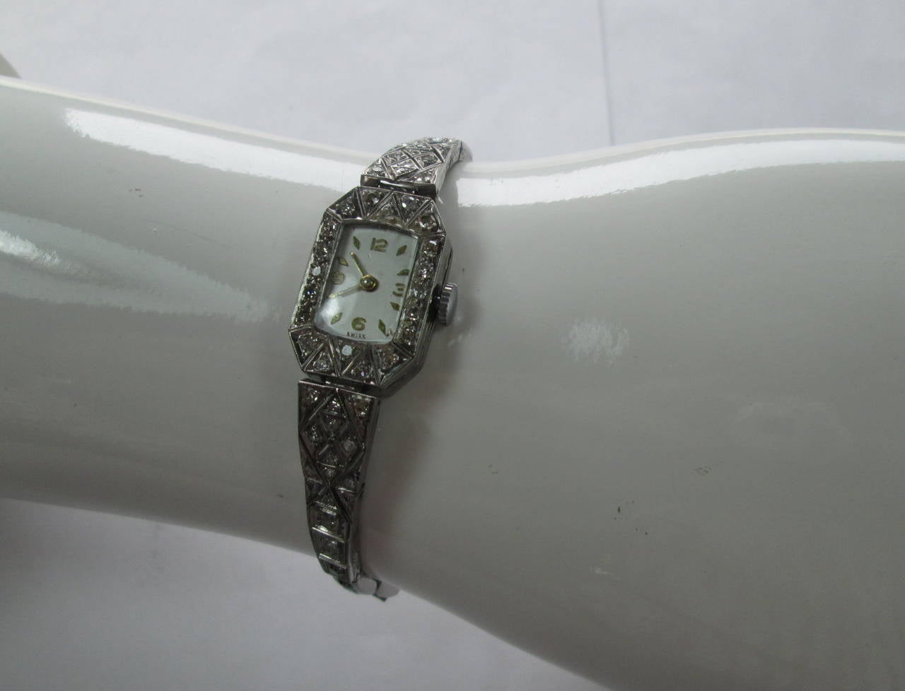 Art Deco Lady's Platinum Gold Diamond Bracelet Wristwatch