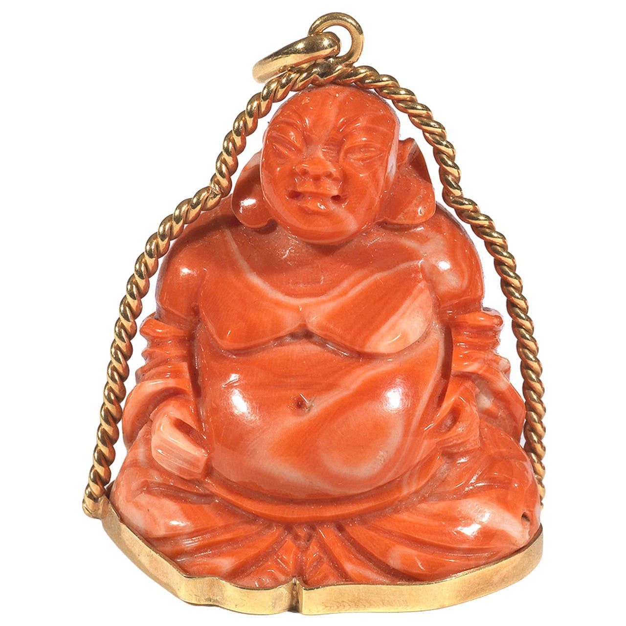 Coral Gold Smiling Buddha Pendant