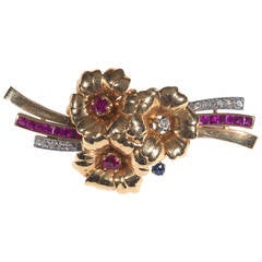 Ruby Sapphire Diamond Gold Retro Flower Brooch 11