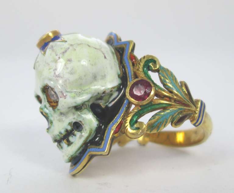 Enamel Diamond Gold Skull Ring In Excellent Condition In Firenze, IT