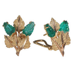Buccellati Carved Emerald Gold Leaf Earrings