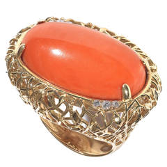 Large Coral Diamond Gold Ring