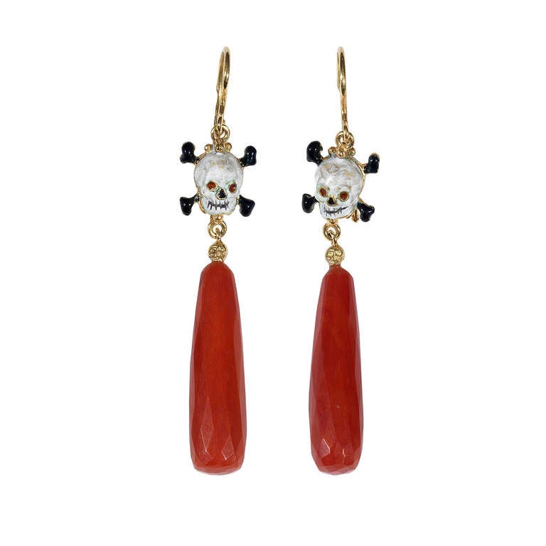 A Pair of Enameled Gold and Coral Skull Earrings