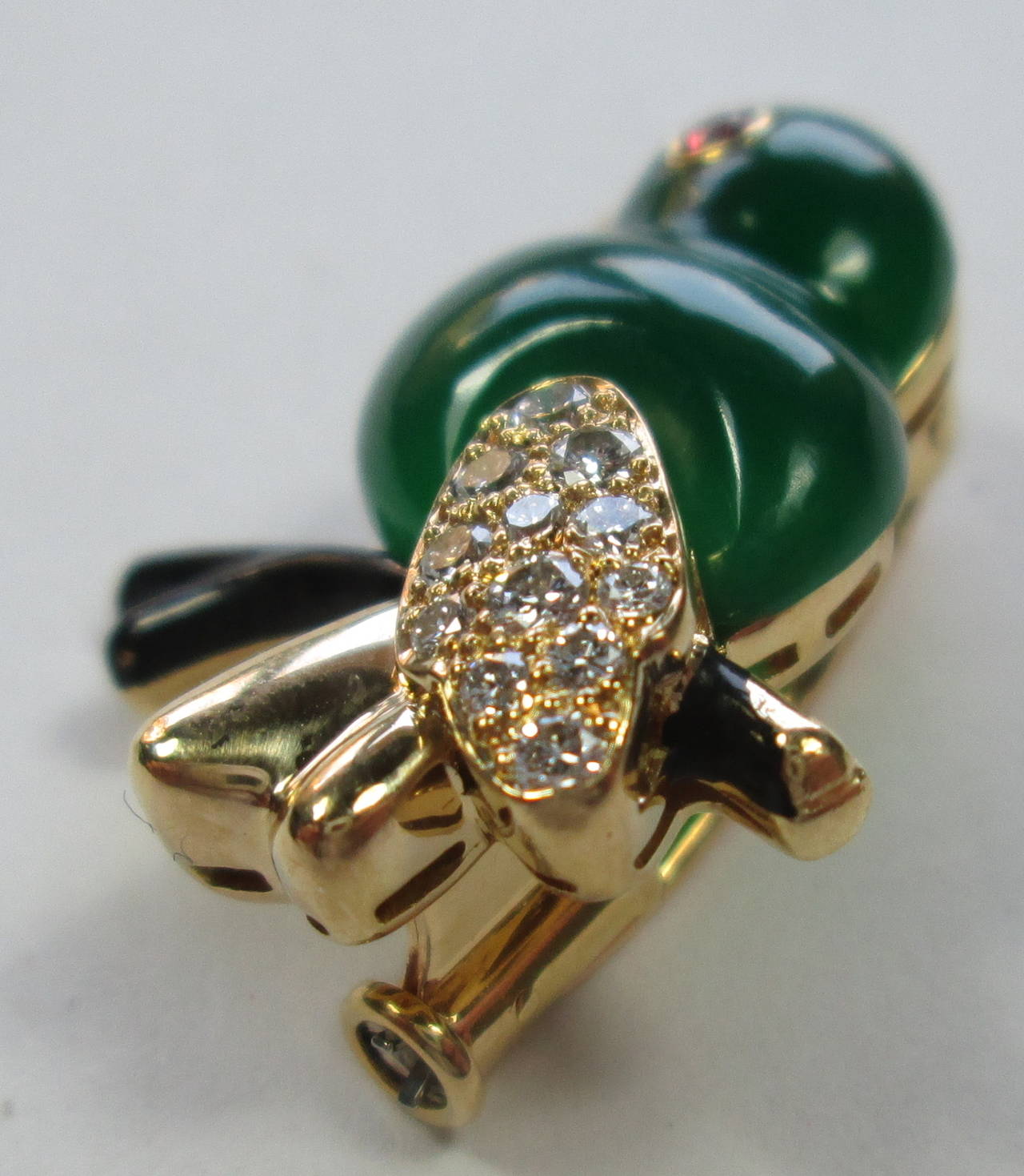 Cartier Green Chalcedony Ruby Diamond Gold Novelty Bird Brooch