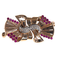 Ruby Diamond Platinum Gold Retro Double Clip Brooch 9