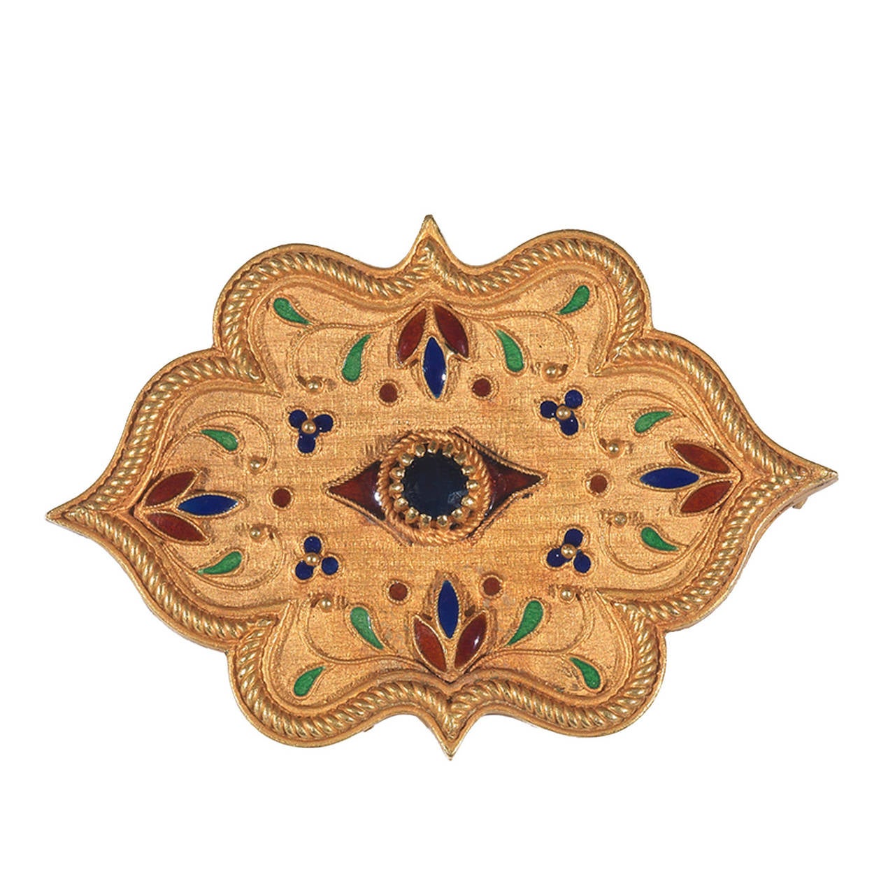 Multicolored Enamel Sapphire Gold Medieval Florentine Style Brooch