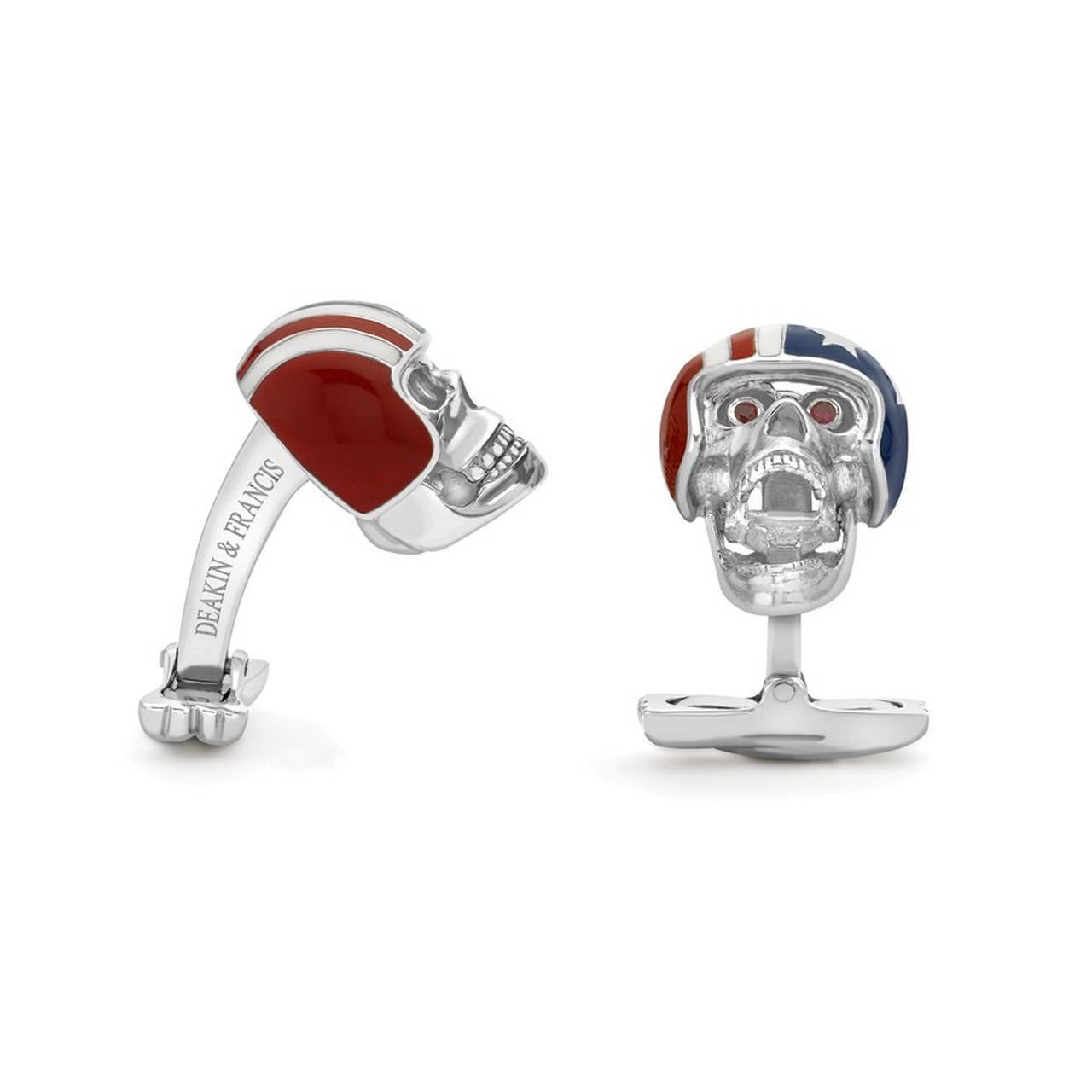 Inspired by bike rides with the Long Island Chapter, these biker helmet skull cufflinks are sterling silver with moving jaw and popping ruby eyes!

The USA helmet is enamelled in red, white and blue.