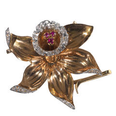 Retro Ruby Diamond Gold Platinum Flower Brooch 7