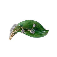Gold-Mounted Nephrite Lily of the Valley Brooch