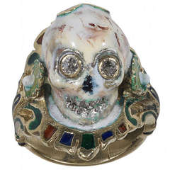 An Enamel Diamond Gold Skull Ring