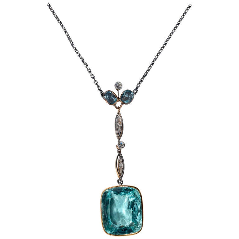 Aquamarine Diamond Gold Platinum Pendant Necklace For Sale