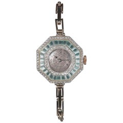 Art Deco Ladies Platinum Gold Diamond Enamel Bracelet Manual Wind Wristwatch