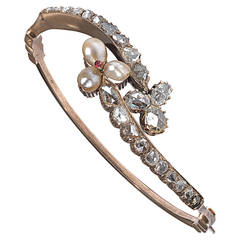 Antique Diamond Pearl Gold Half Hoop Bangle Bracelet