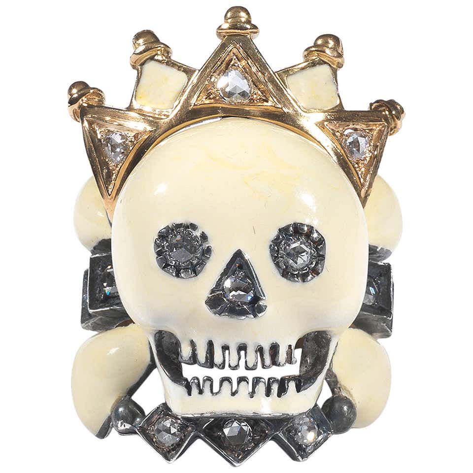 Codognato Rings Attilio Codognato Enamel Rose Cut Diamond Skull and Crown
