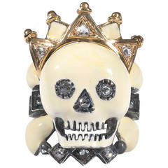 Vintage Attilio Codognato Enamel Rose Cut Diamond Skull and Crown "Memento Mori" ring