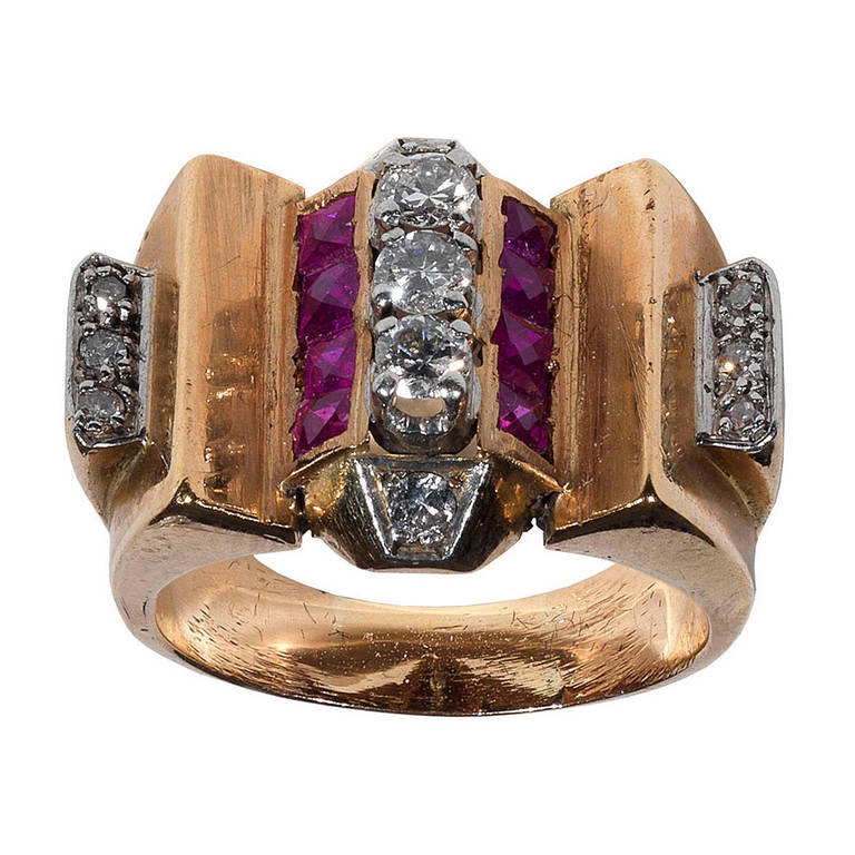 Retro Rubin-Diamant-Roségold-Ring um 1940