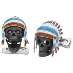 Deakin & Francis Native American Head Dress Skull Cufflinks with Ruby Eyes