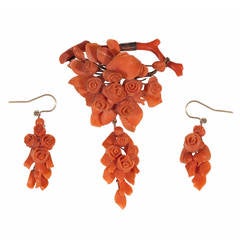 Antique 19th Century Coral Brooch and Earring Suite