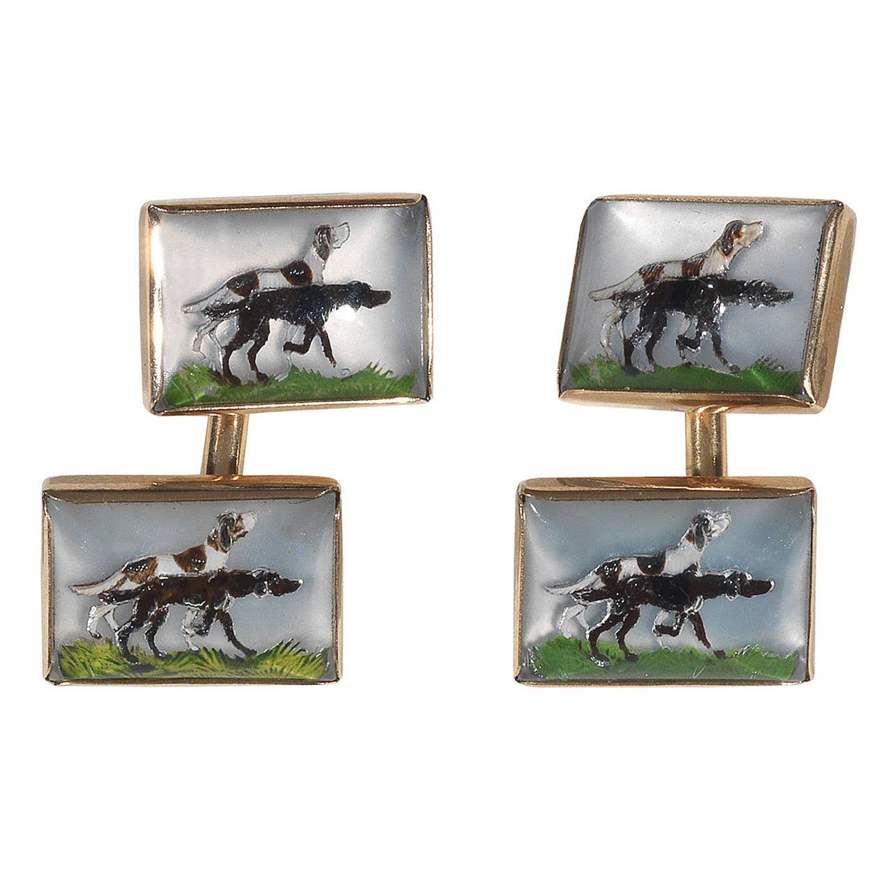 Reverse Painted Carved Rock Crystal and Gold Hunter Dog Cufflinks