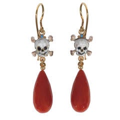 Pair of Enameled Coral Gold Skull Earrings