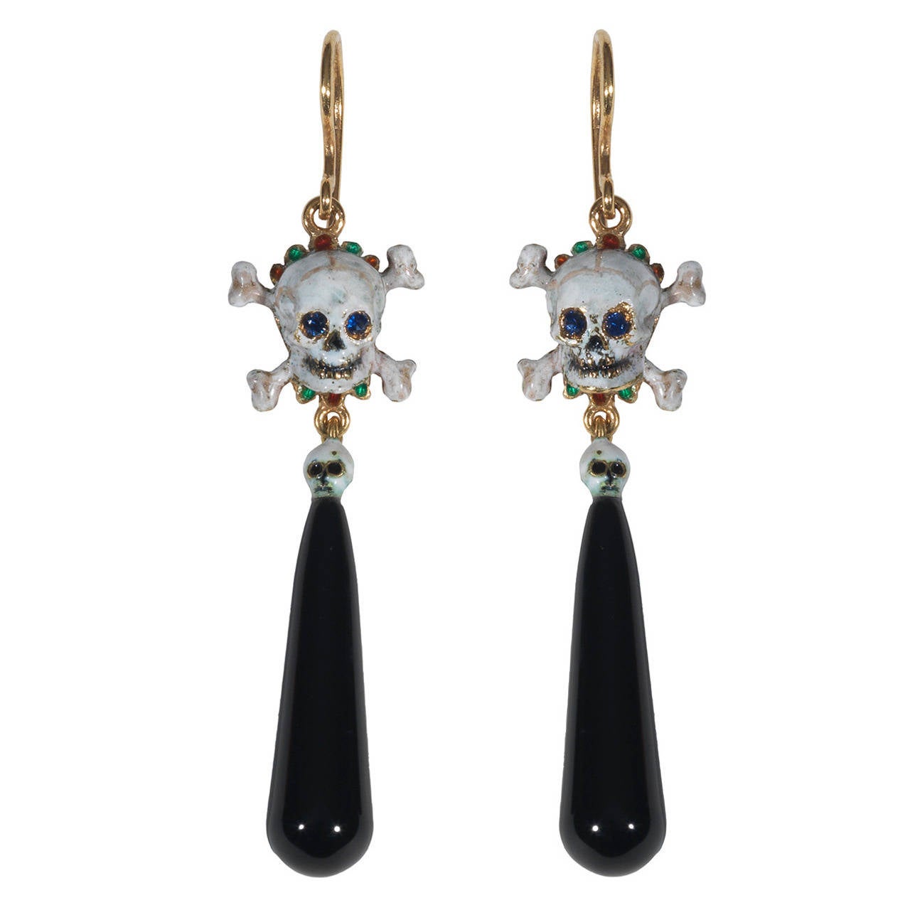 Pair of Enameled Onyx Gold Skull Earrings