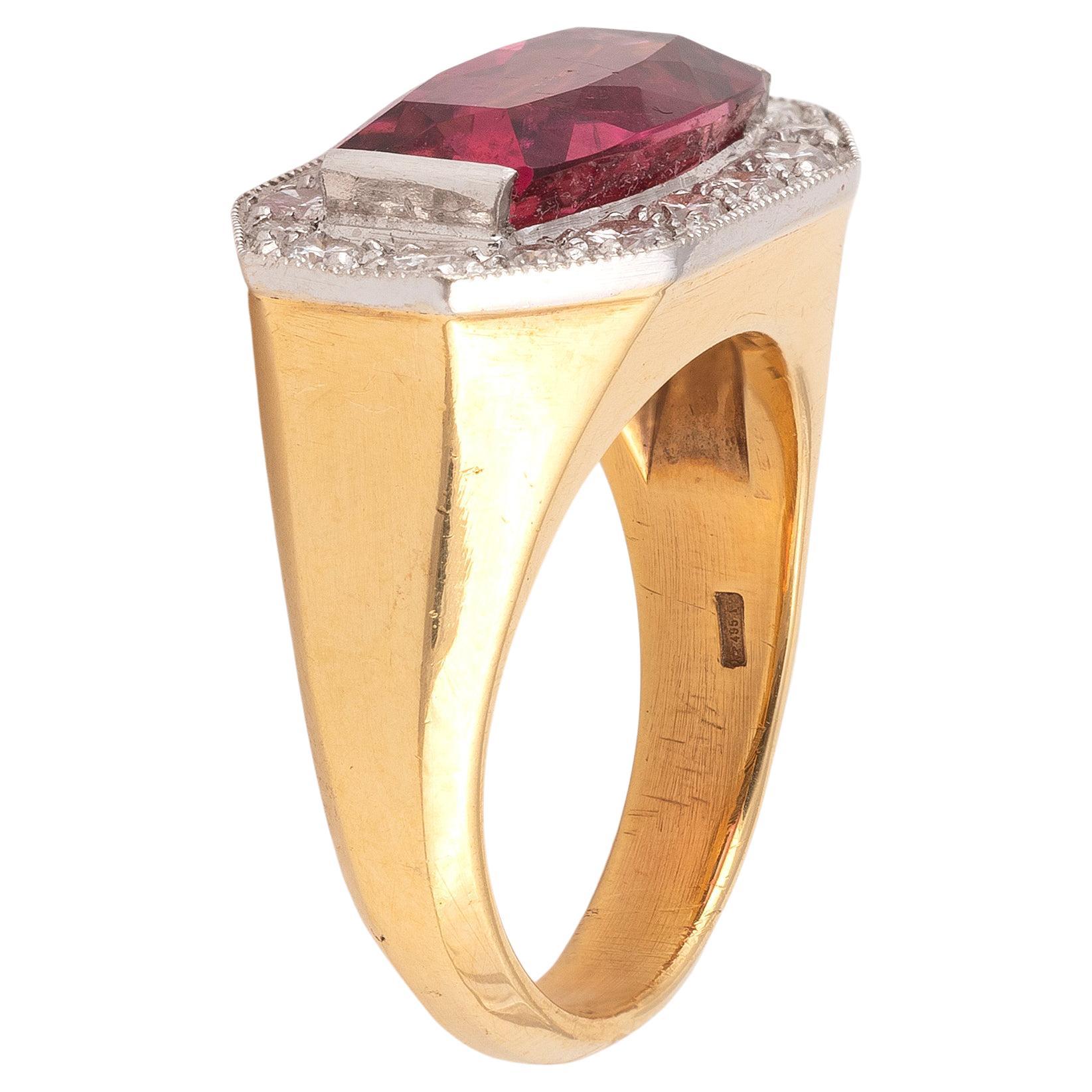 Octagon Cut 18 Karat Yellow Gold Diamond and Rubellite Ring For Sale