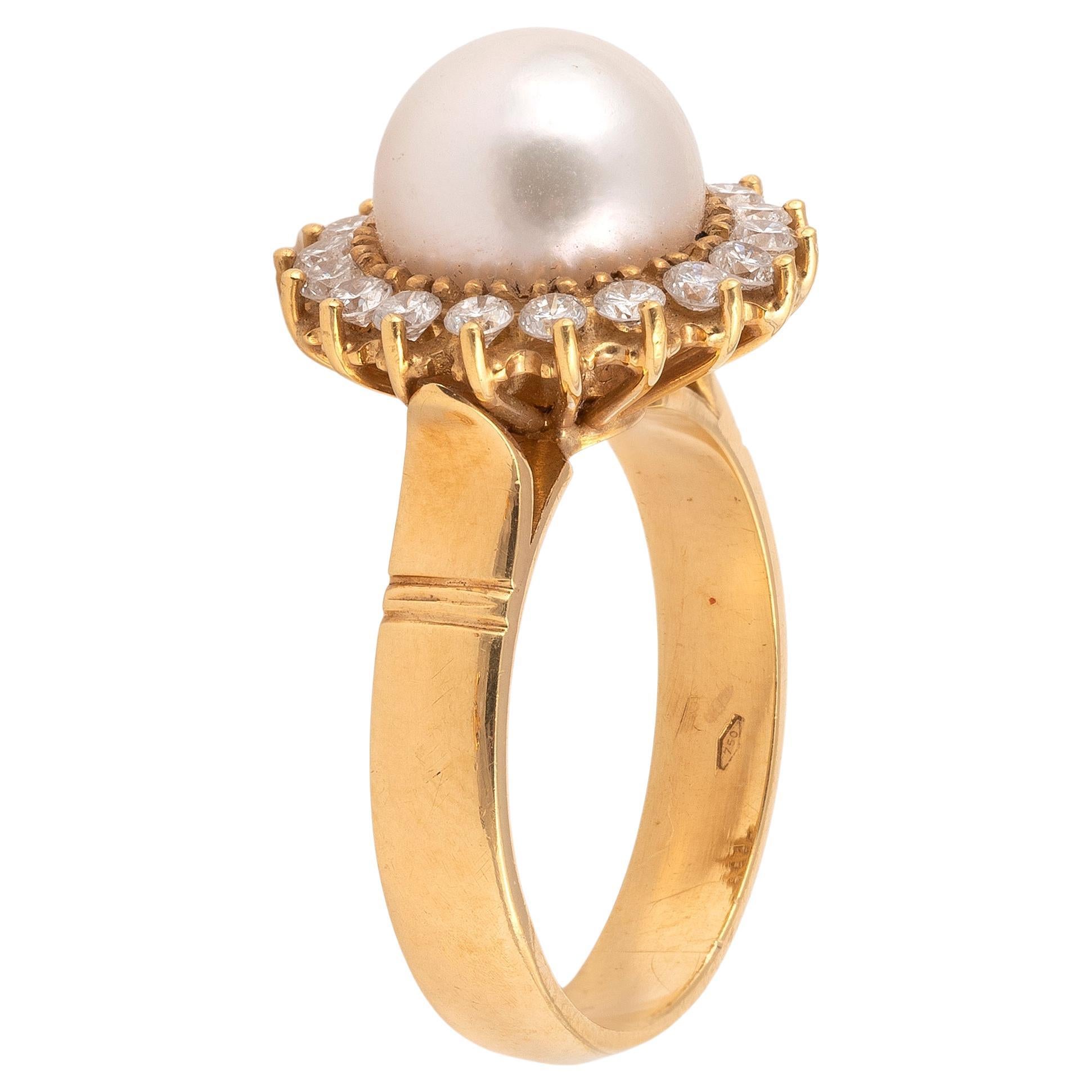 Brilliant Cut Cultured Pearl and Diamond Cluster Ring For Sale