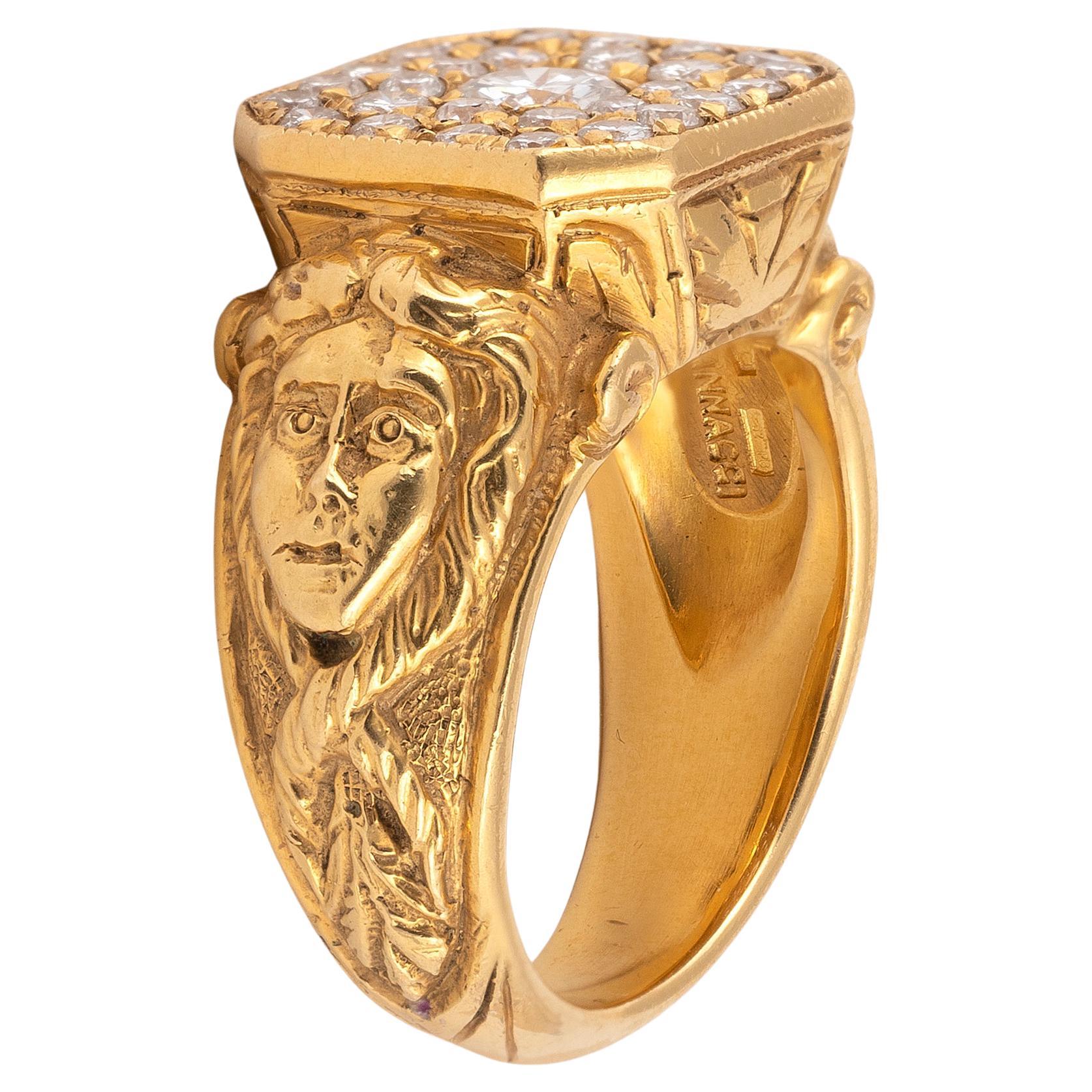 Brilliant Cut Art Nouveau 18 Karat Yellow Gold and Diamond Ring For Sale