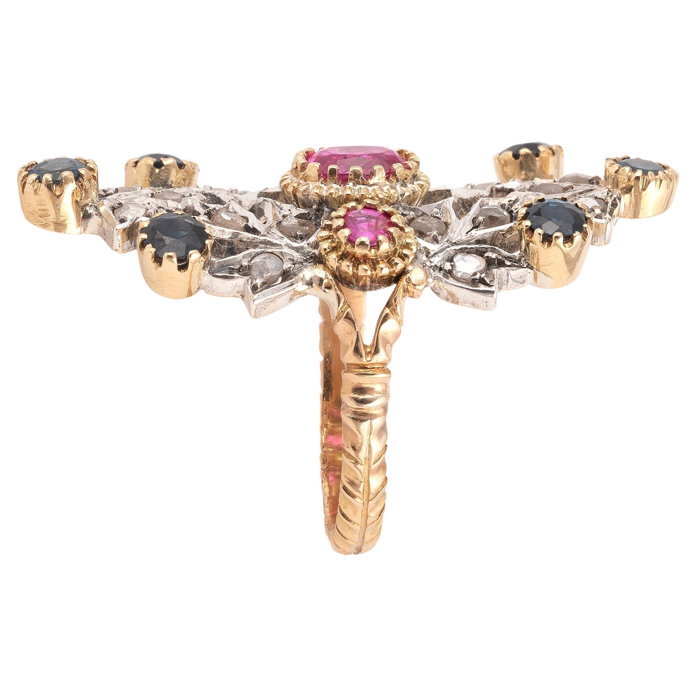 Ring mit Saphir, Rubin und Diamant (Ovalschliff) im Angebot