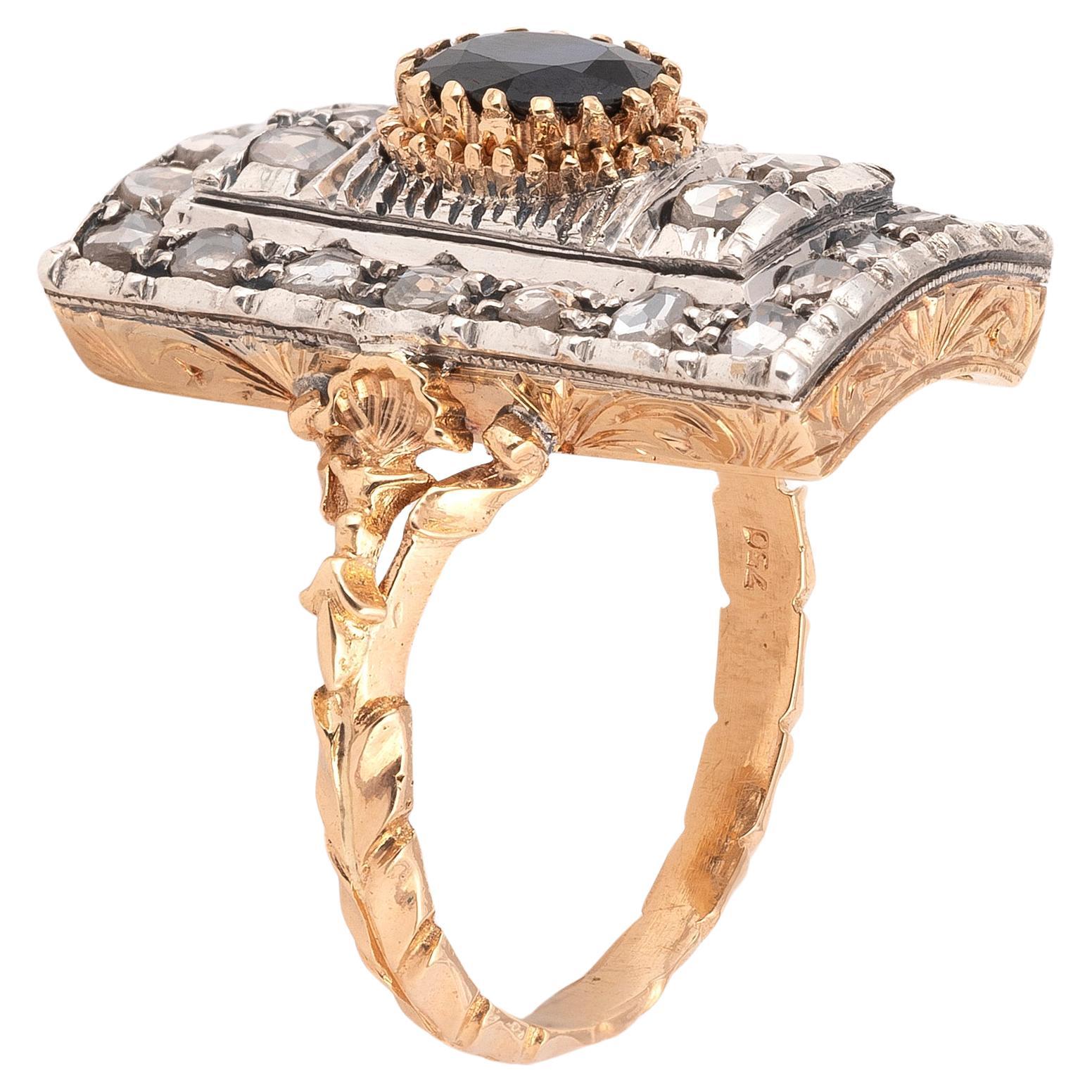 Jugendstil Saphir und Rose Diamant Cluster Ring (Rosenschliff) im Angebot