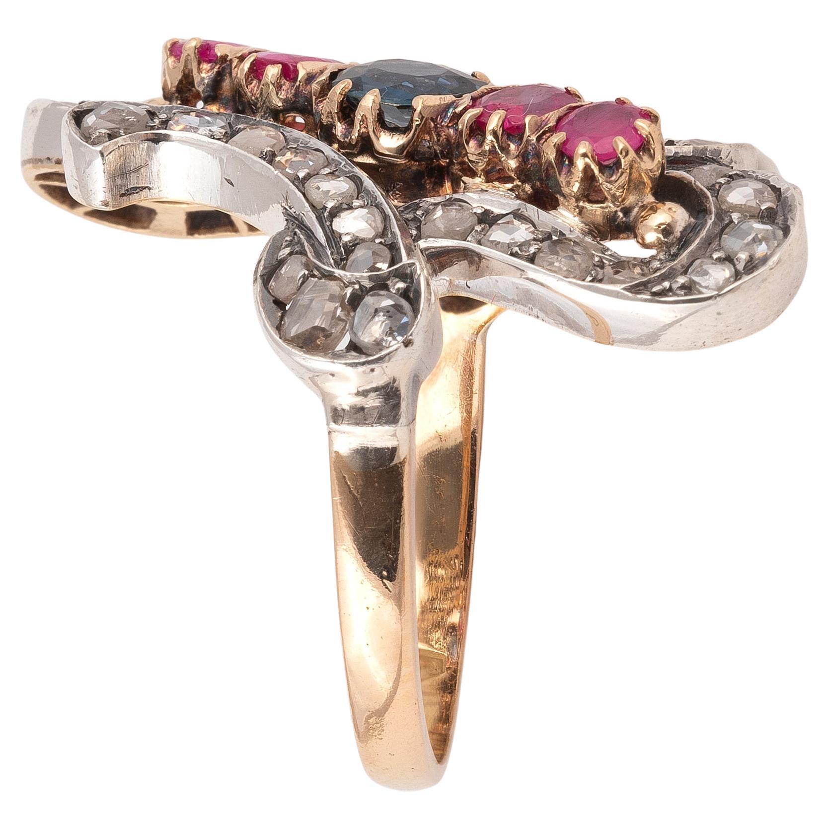 Ring mit Saphir, Rubin und Diamant (Rosenschliff) im Angebot