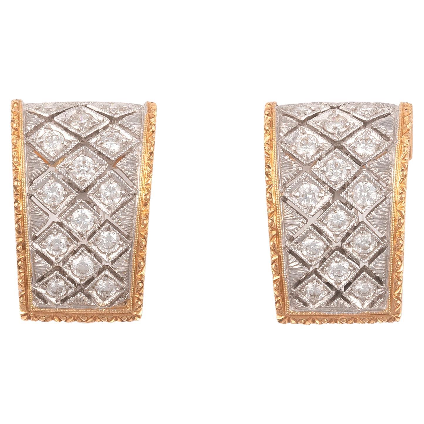 18 Karat Yellow Gold and Diamond Florentine Style Earrings