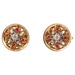 Pair of Retro Ruby Diamond 18 Karat Rose and White Gold Earrings