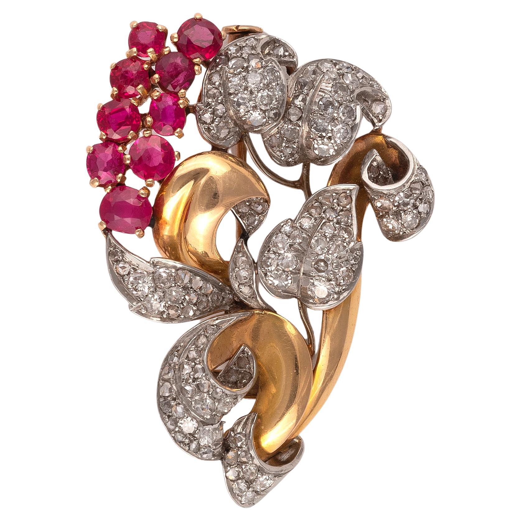 Ruby and Diamond Flower Brooch, circa 1945 For Sale