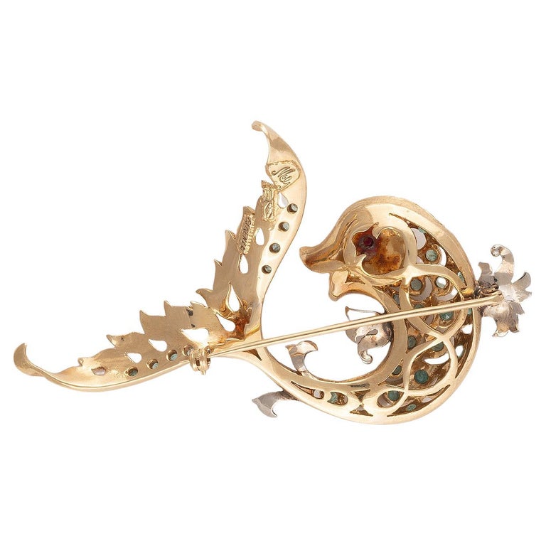 Retro 18 Carat Gold Emerald and Ruby Dolphin Brooch For Sale