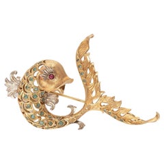 18 Carat Gold Emerald and Ruby Dolphin Brooch