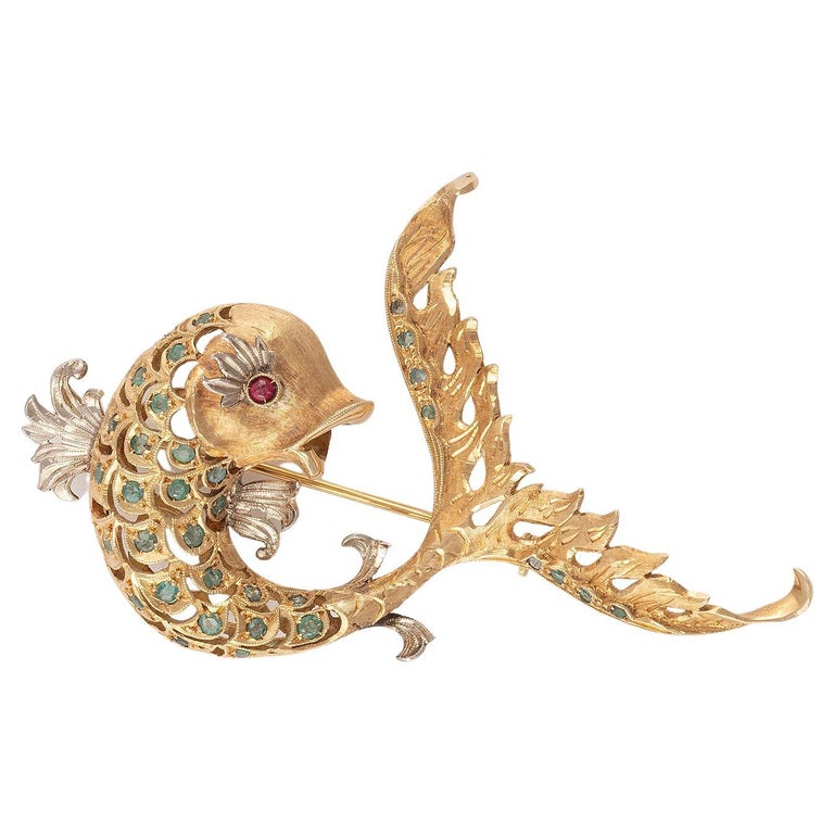 18 Carat Gold Emerald and Ruby Dolphin Brooch For Sale