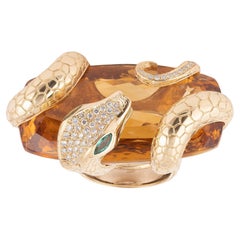 Big Citrine Diamond Emerald Gold Snake Ring