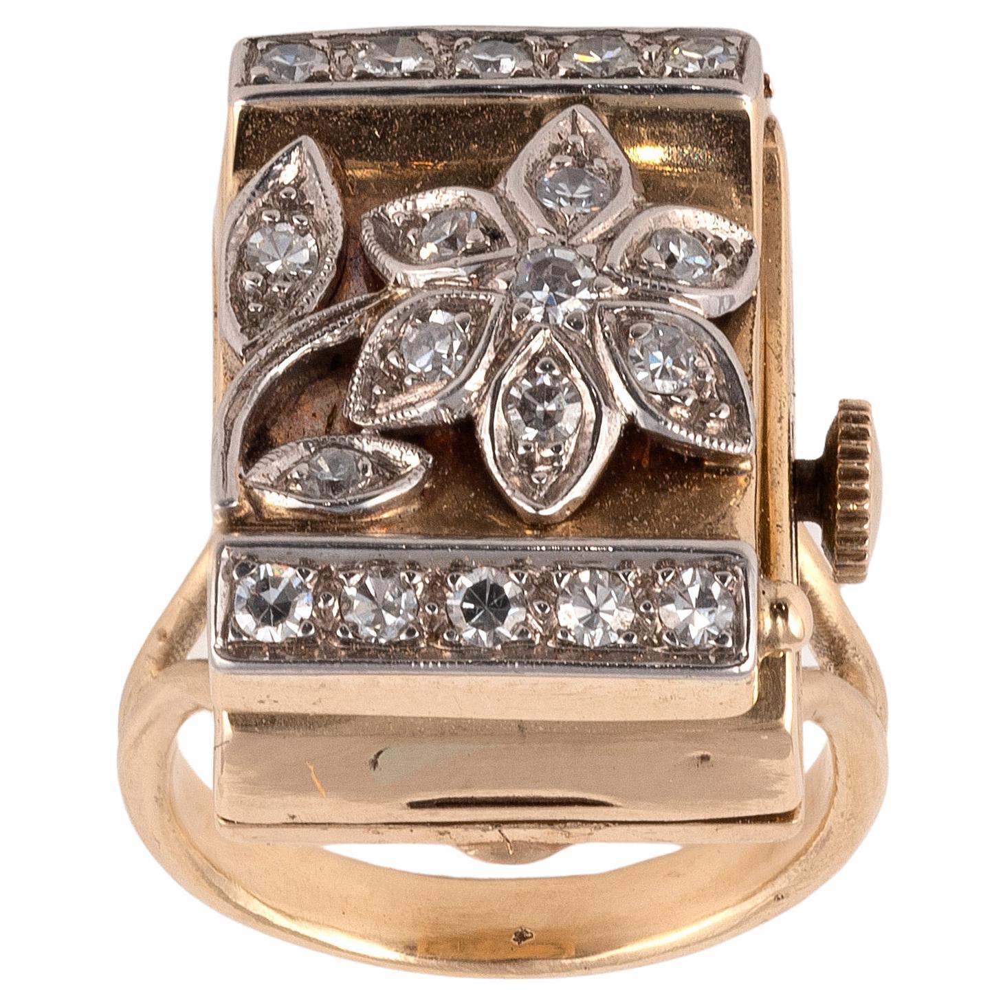 Brilliant Cut 14 Karat Yellow Gold and Diamond Ring Watch, circa 1920 For Sale